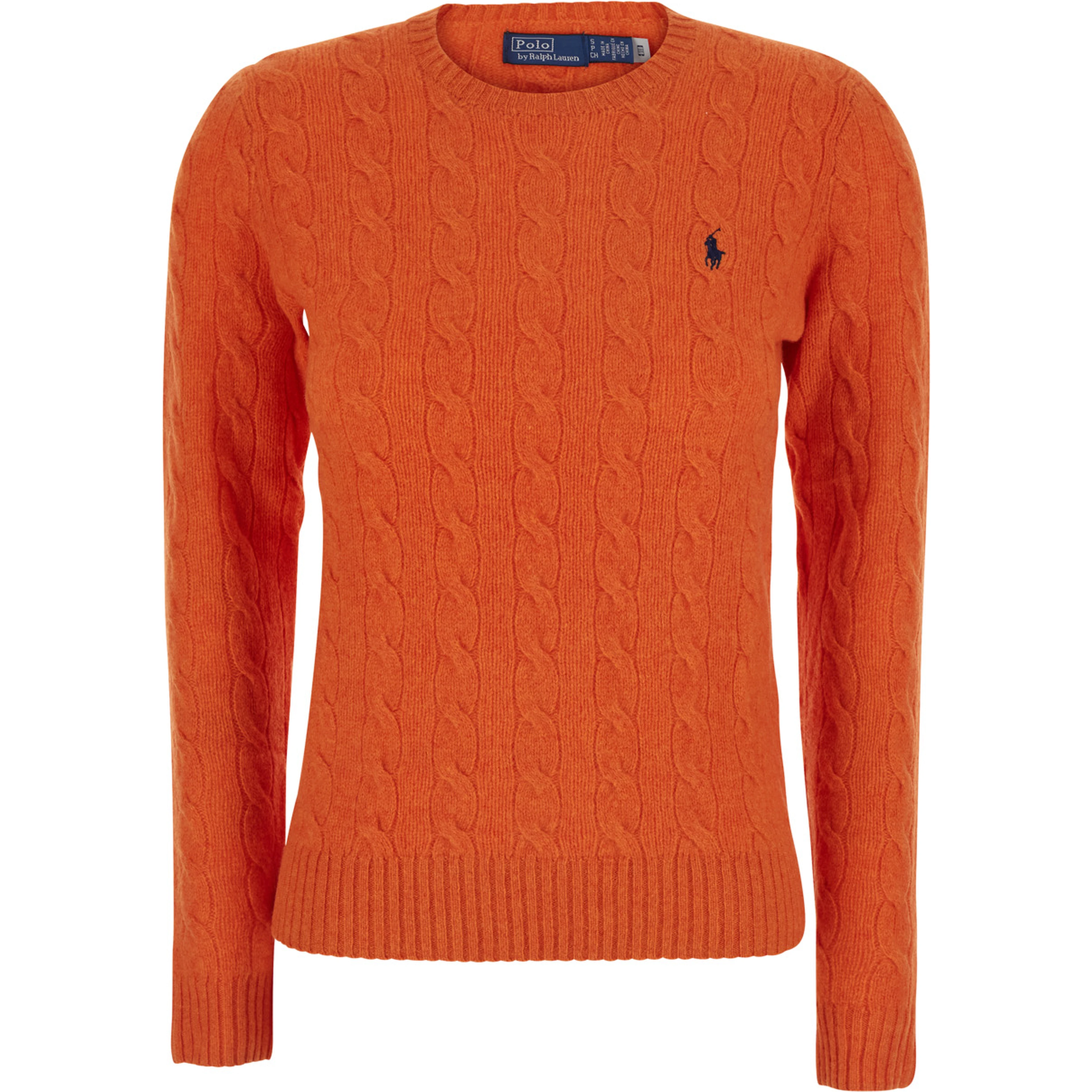 Julianna Orange crew neck Sweater with cable knit and Pony on the front in wool and cashmere for women