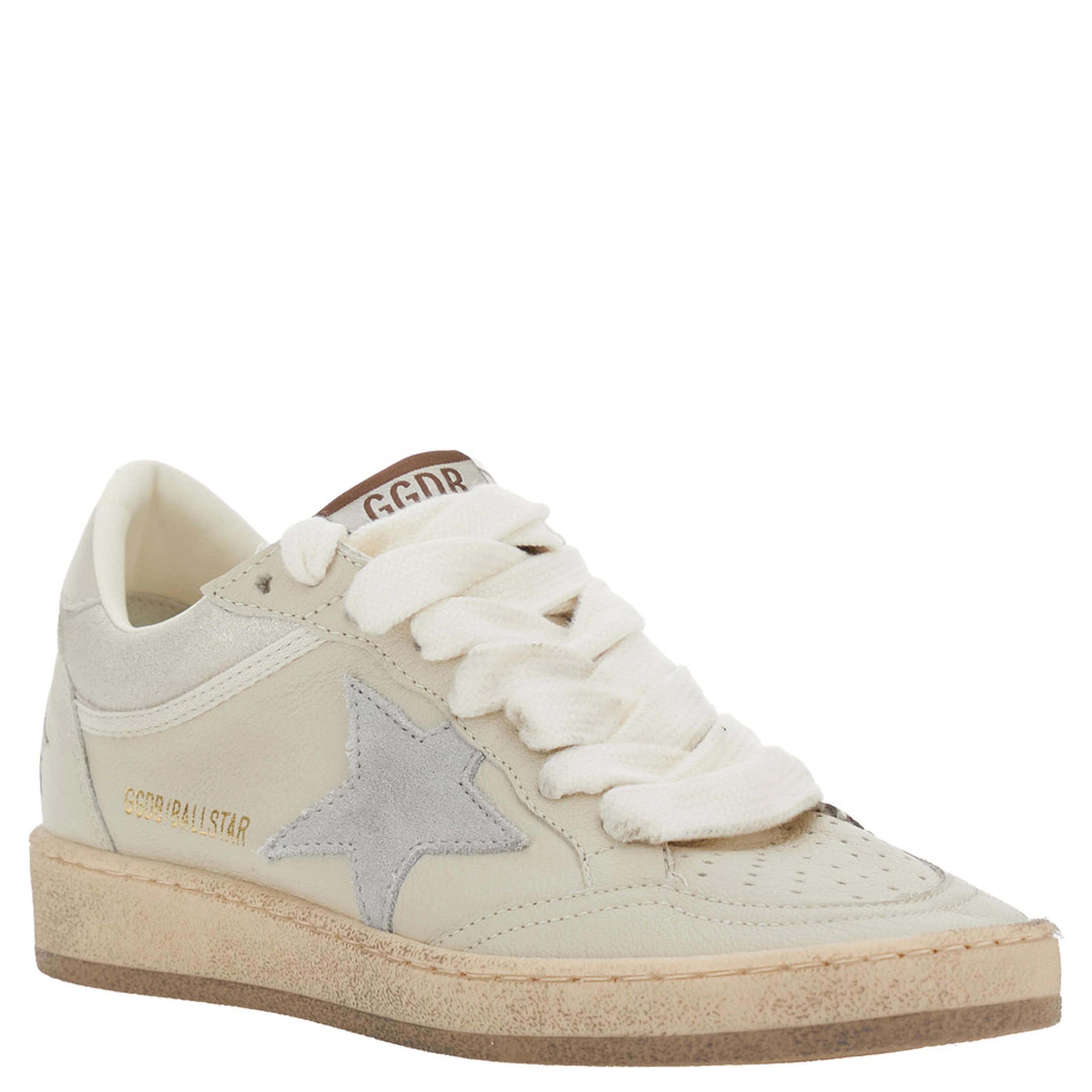 Ballstar Beige Low Top Sneakers with Star Patch on the Side and Logo Patch on the Tongue in Leather for Women