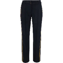 Persy Blue Pants with vertical details and belt with buckle in wool for women