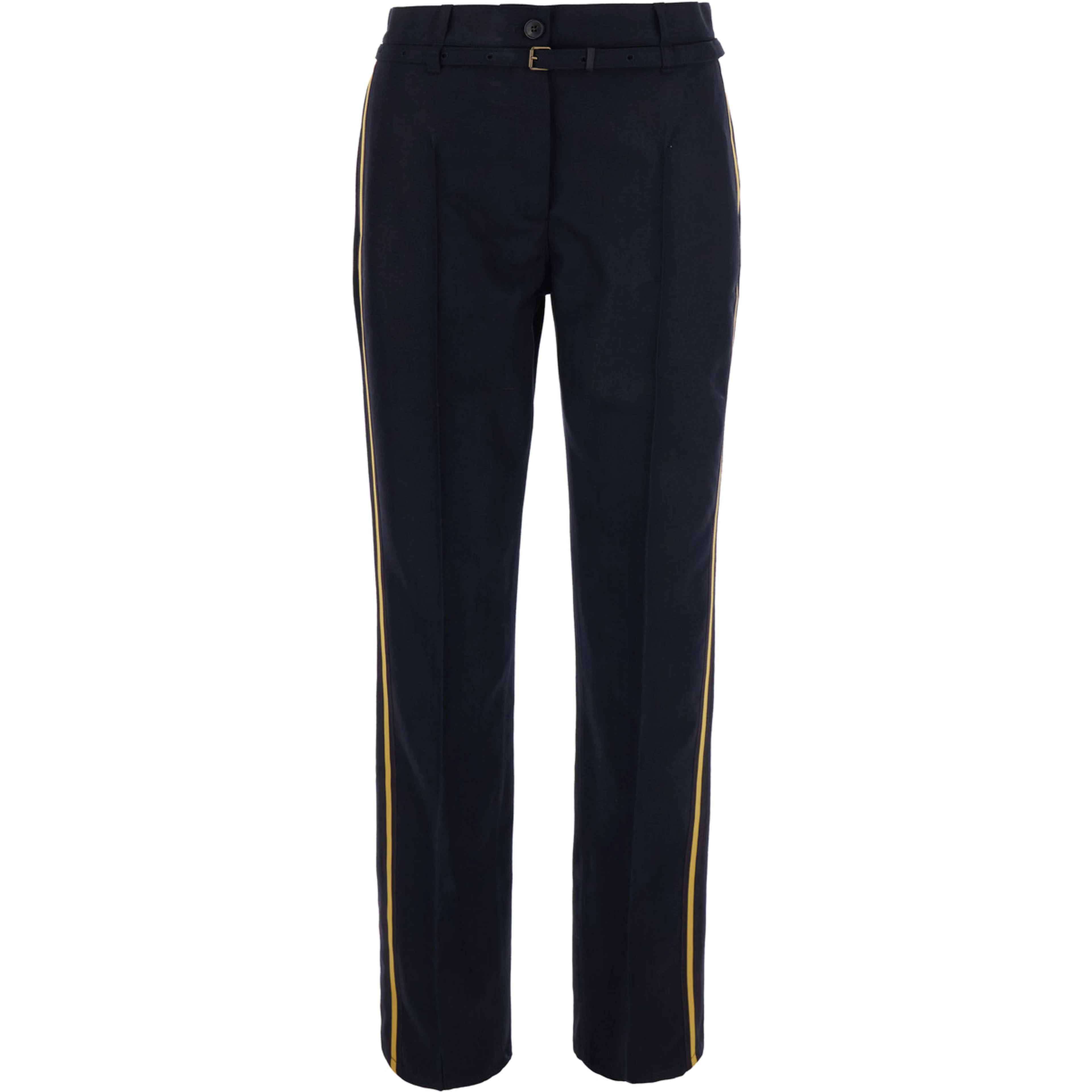 Persy Blue Pants with vertical details and belt with buckle in wool for women
