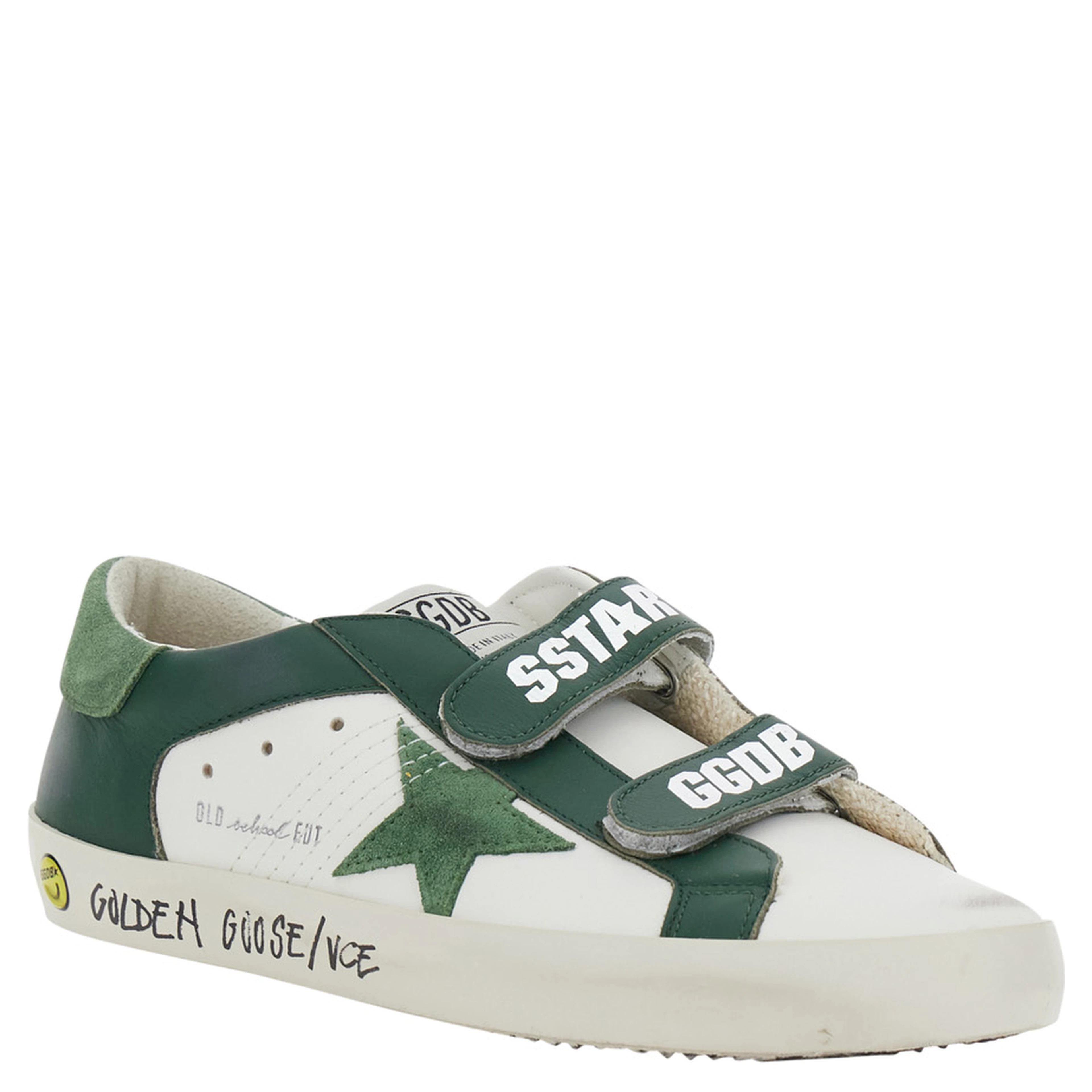 Old School White and Green Low Sneakers with Side Star Patch in leather Boy