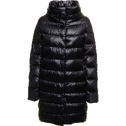 Long down jacket with high collar in black tech fabric for women