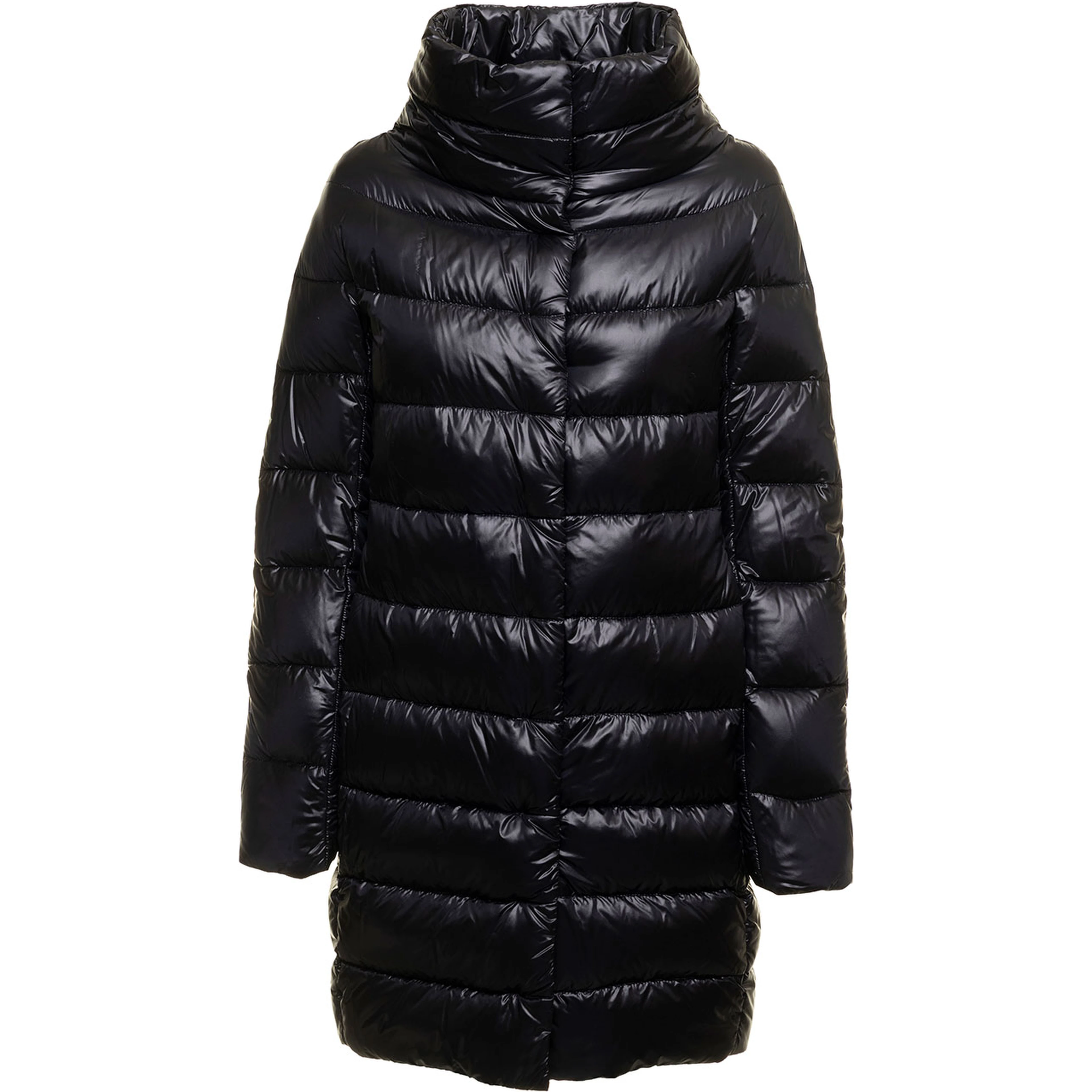 Long down jacket with high collar in black tech fabric for women