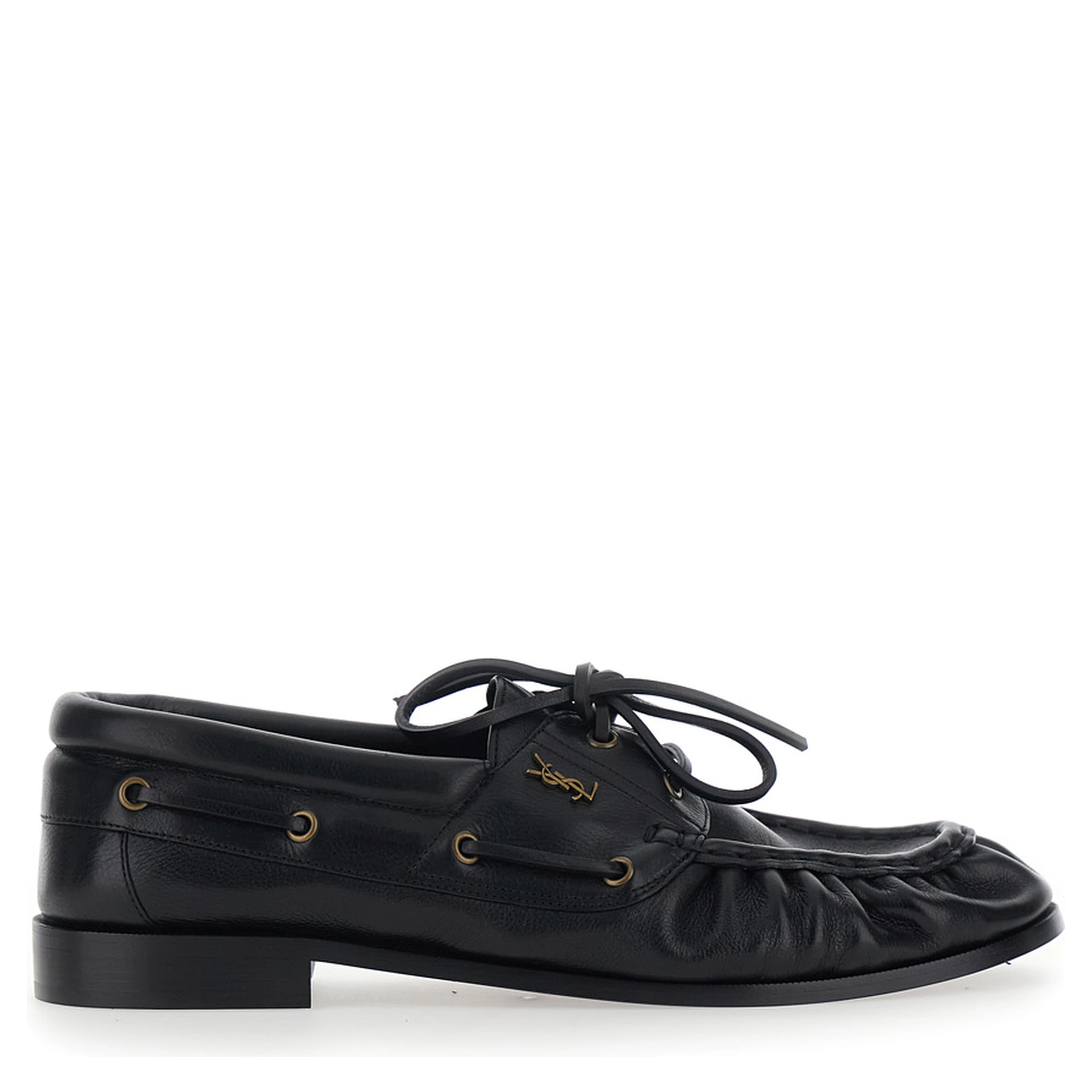 Le Loafer Bateau Black Boat Shoes with Hand-Stitched Moc Toe and Cassandre Plate in Grained Leather Men