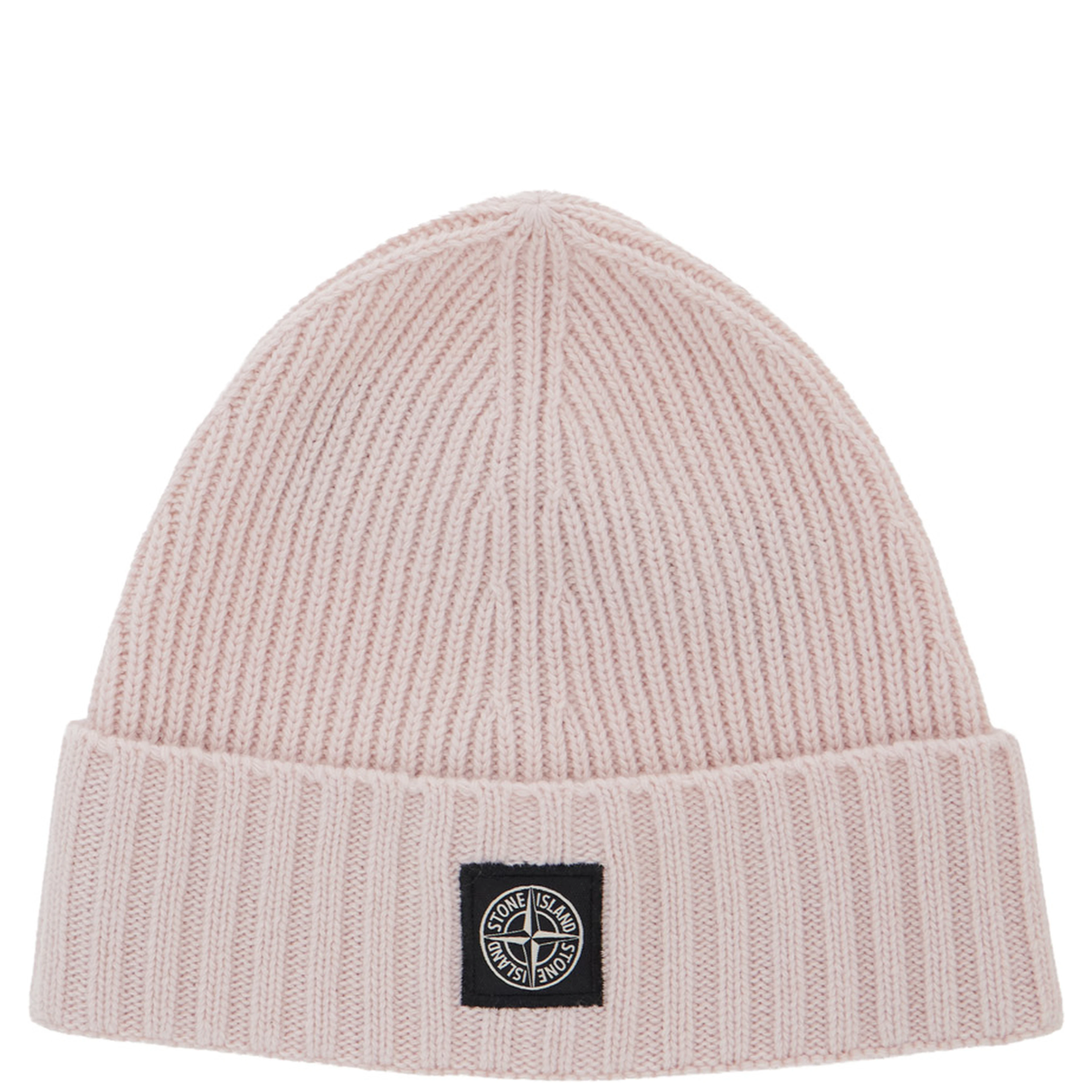 Pink beanie with turn-up brim and logo patch on the front in blend wool boy