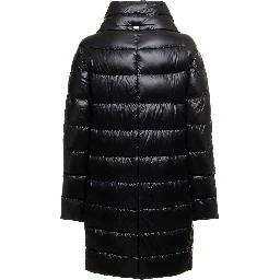 Long down jacket with high collar in black tech fabric for women
