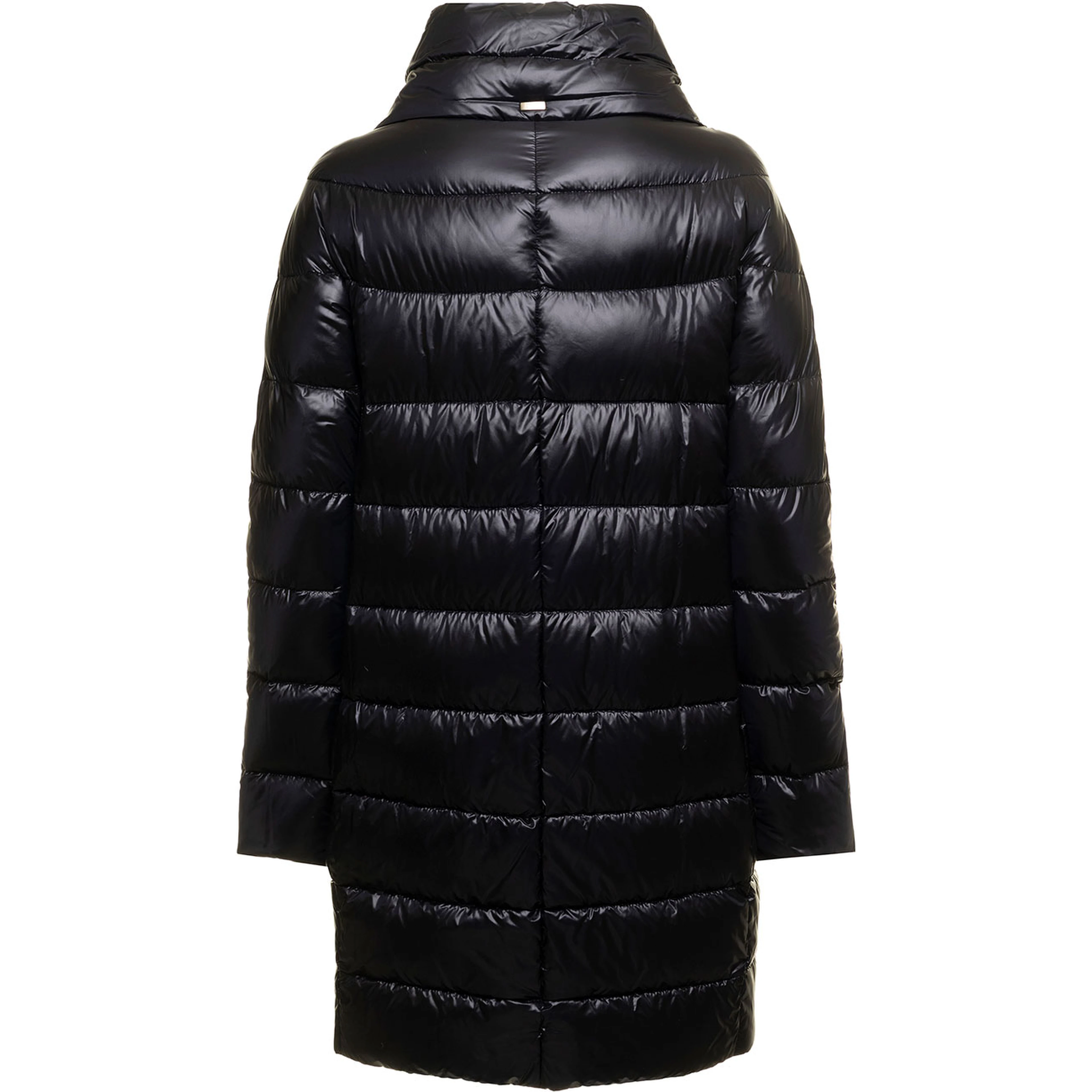 Long down jacket with high collar in black tech fabric for women