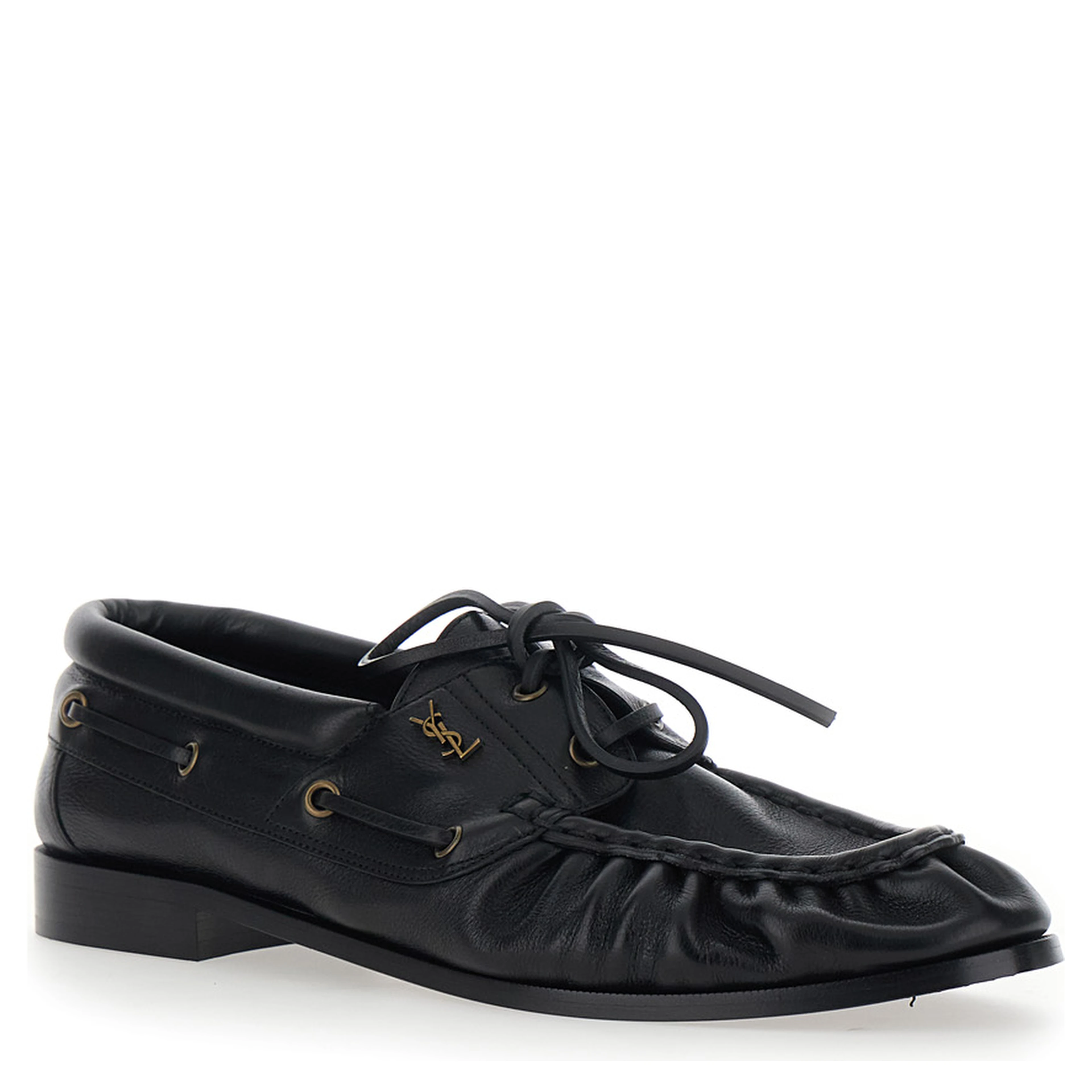 Le Loafer Bateau Black Boat Shoes with Hand-Stitched Moc Toe and Cassandre Plate in Grained Leather Men