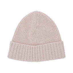 Pink beanie with turn-up brim and logo patch on the front in blend wool boy