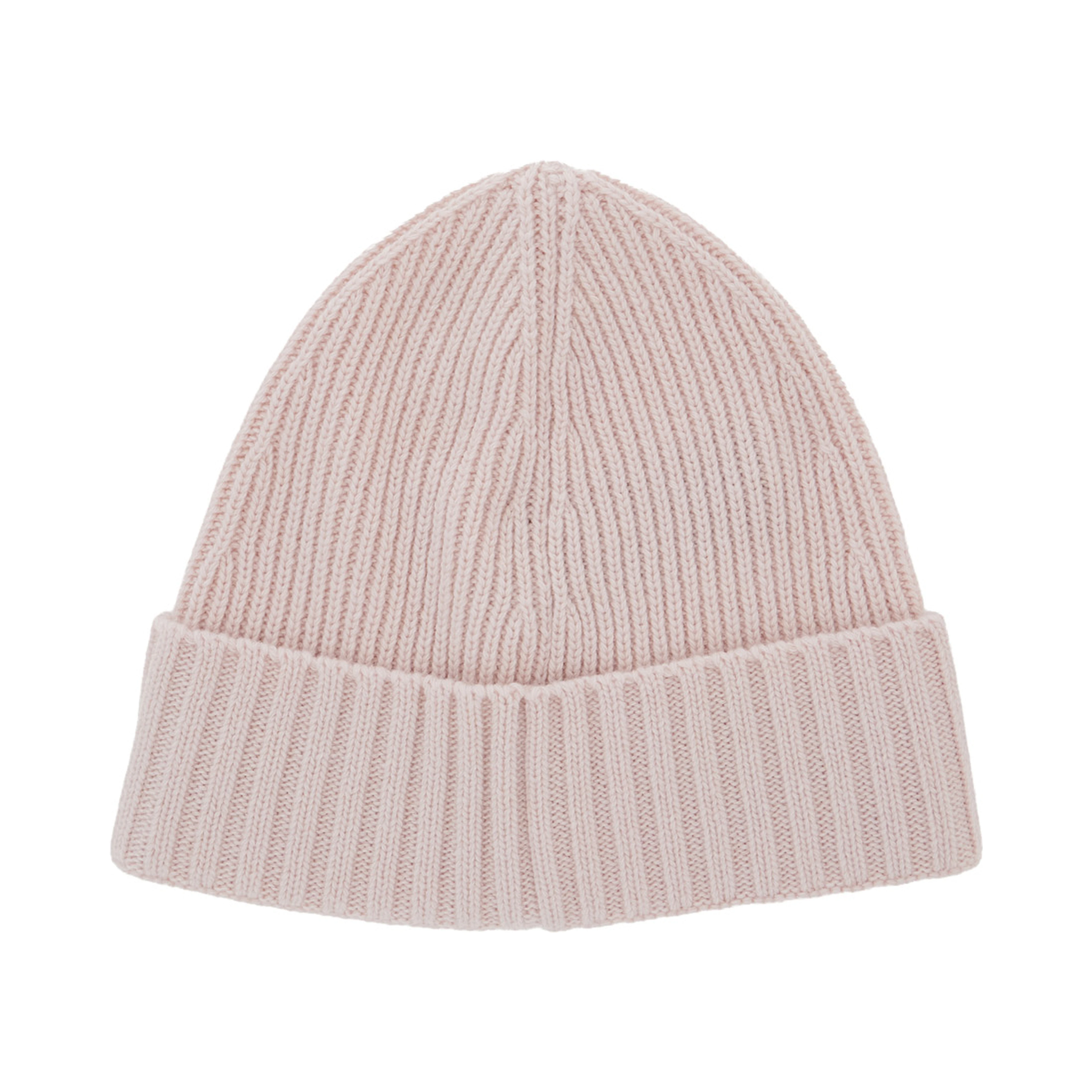Pink beanie with turn-up brim and logo patch on the front in blend wool boy