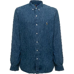 Shirt "Slim Fit" with Button Down Collar and Pony on the Front in Blue Denim for Men