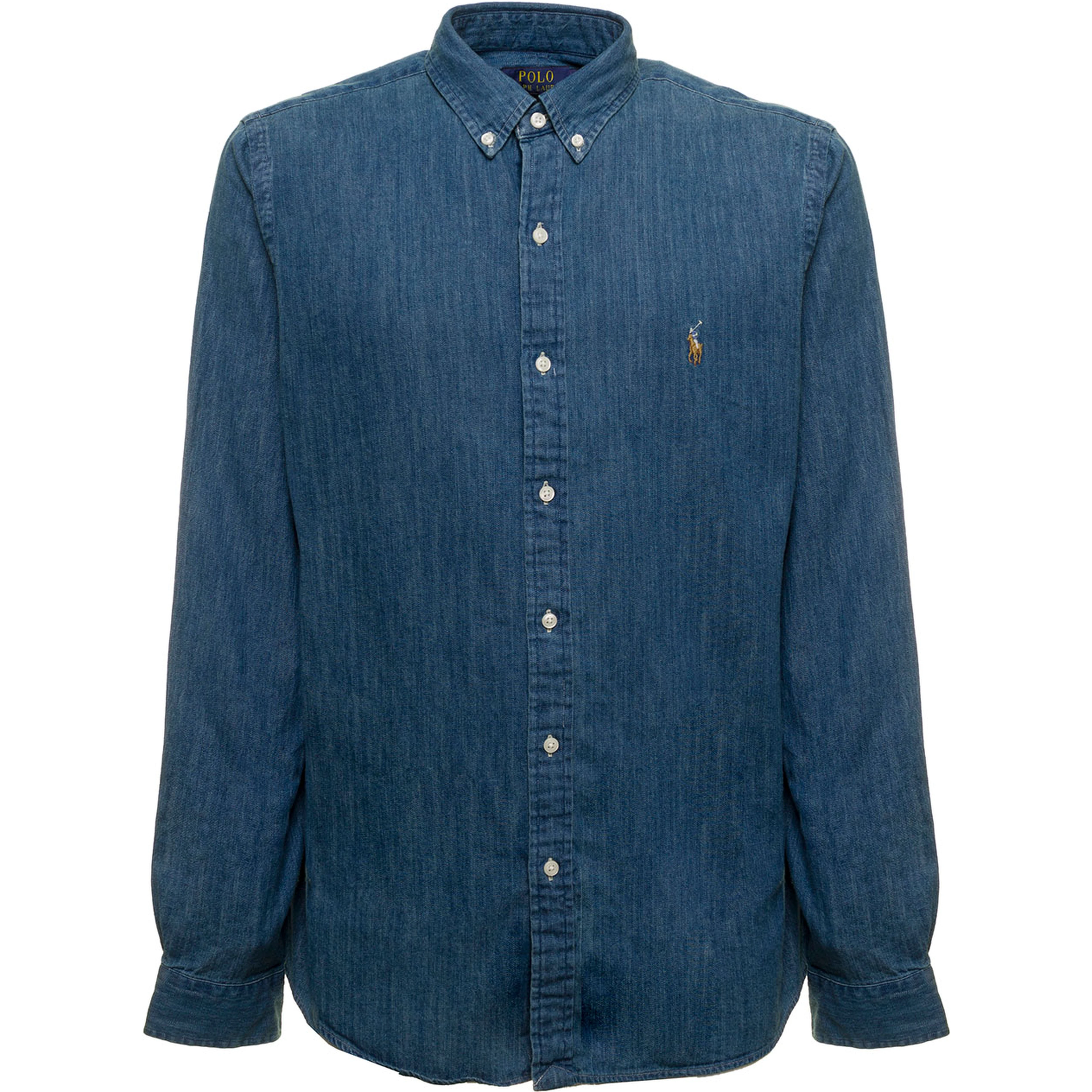 Shirt "Slim Fit" with Button Down Collar and Pony on the Front in Blue Denim for Men