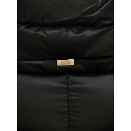 Long down jacket with high collar in black tech fabric for women