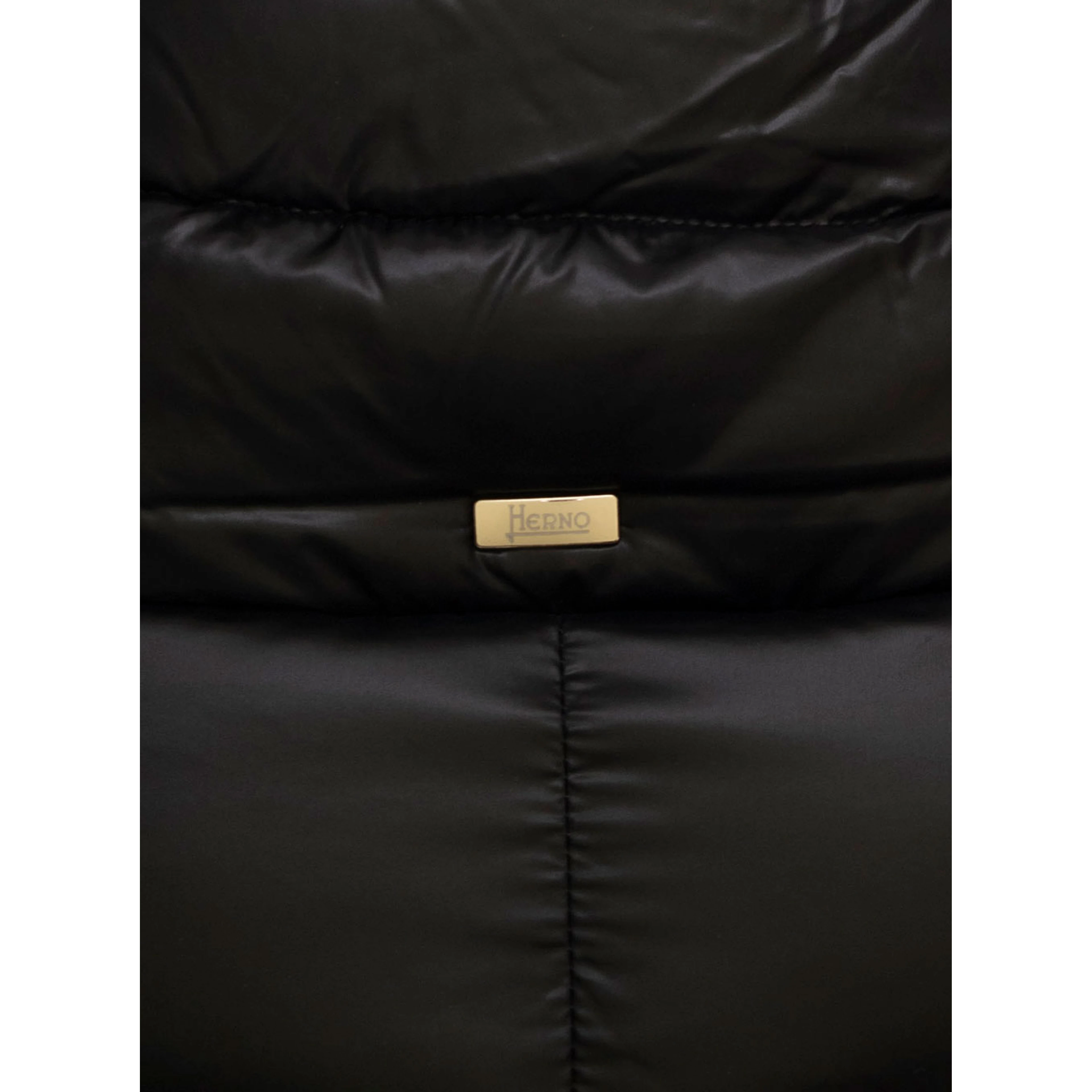 Long down jacket with high collar in black tech fabric for women