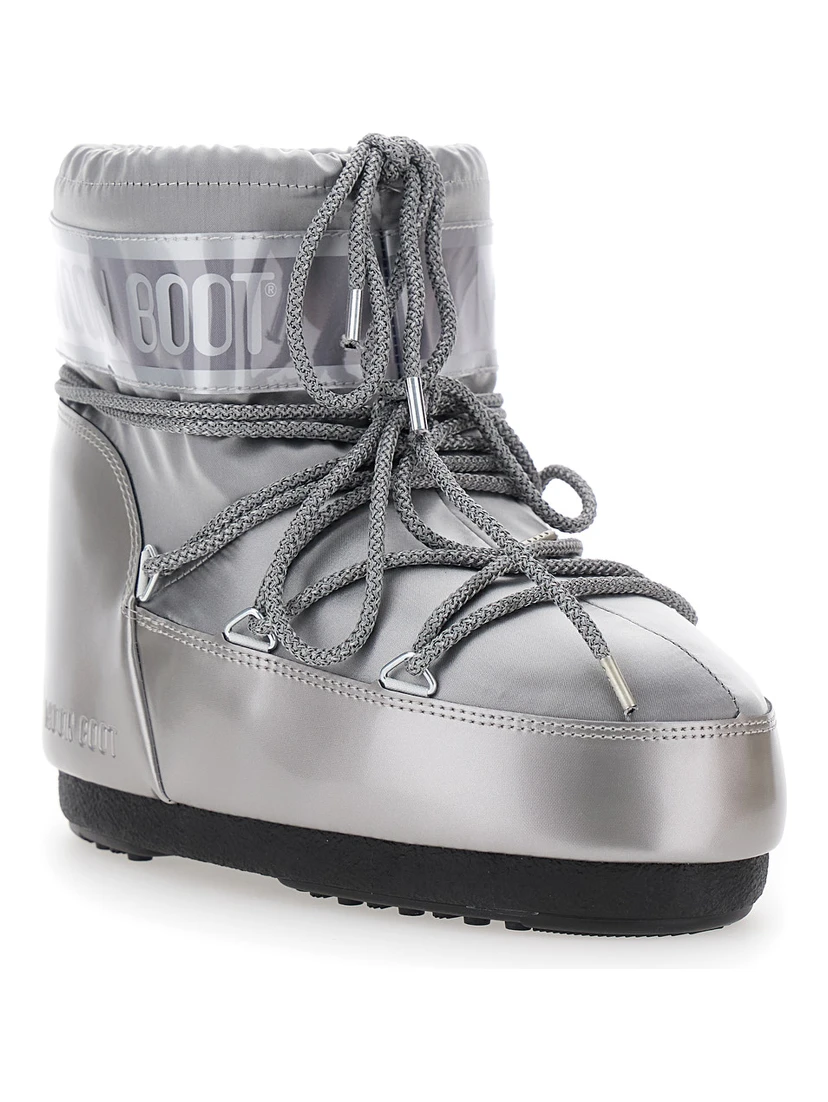 Icon Metallic Grey Snow Ankle Boots with Maxi Logo Print on the Side in Tech Fabric Girl