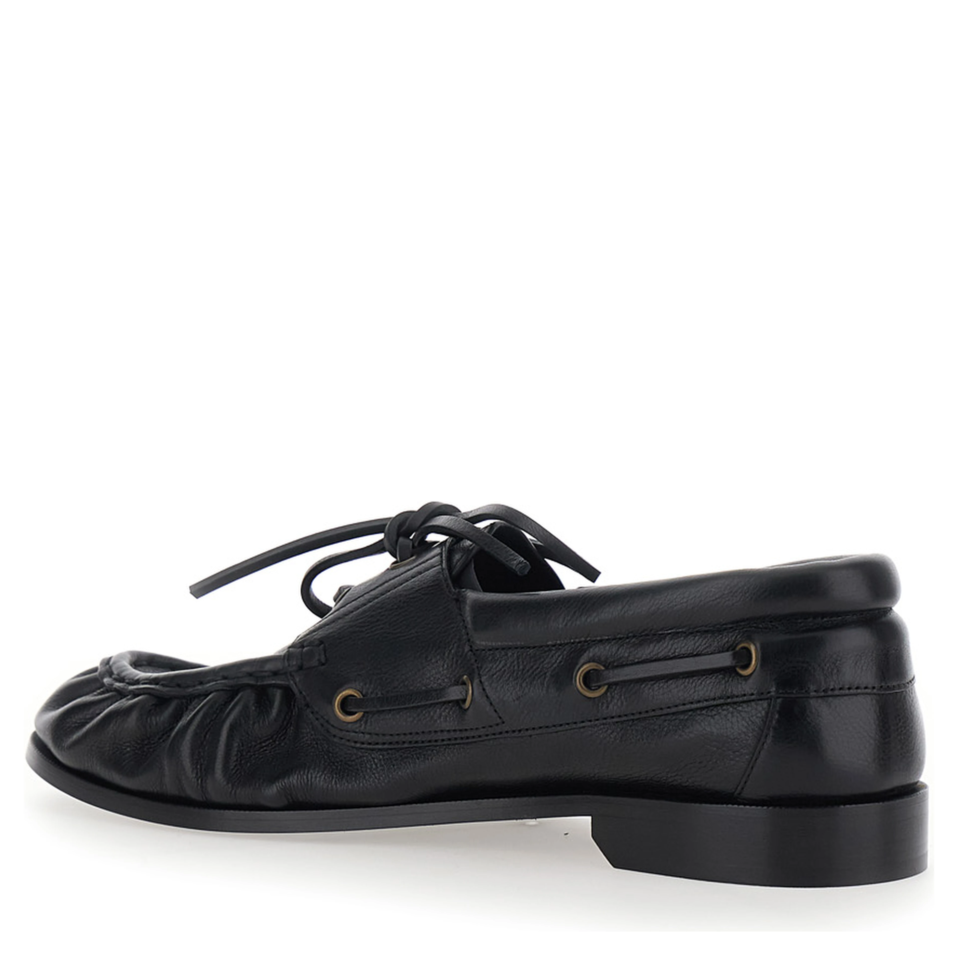 Le Loafer Bateau Black Boat Shoes with Hand-Stitched Moc Toe and Cassandre Plate in Grained Leather Men