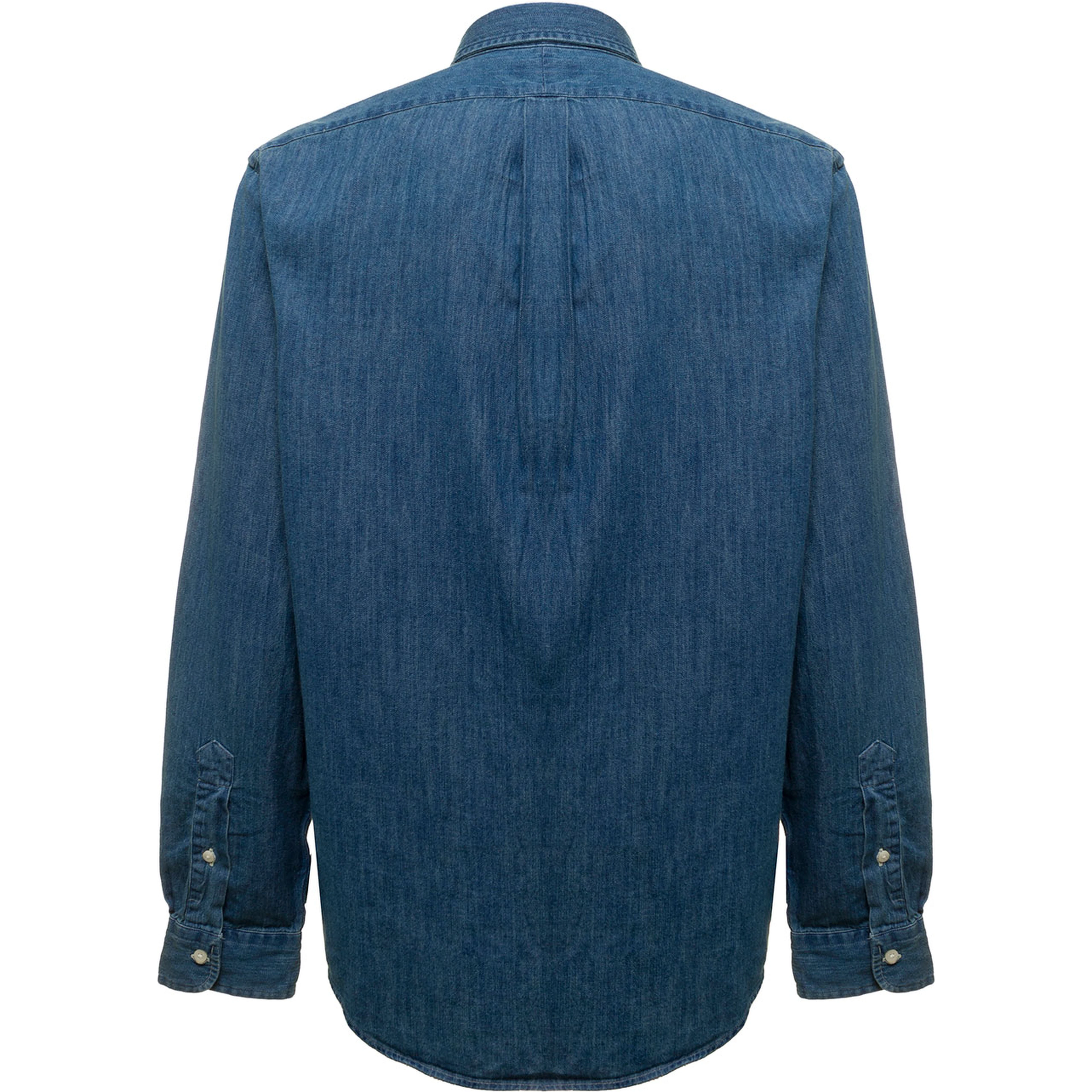 Shirt "Slim Fit" with Button Down Collar and Pony on the Front in Blue Denim for Men