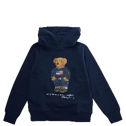 Blue Hoodie with Fixed Hood and Polo Bear Print on the Front in Cotton Blend Boy