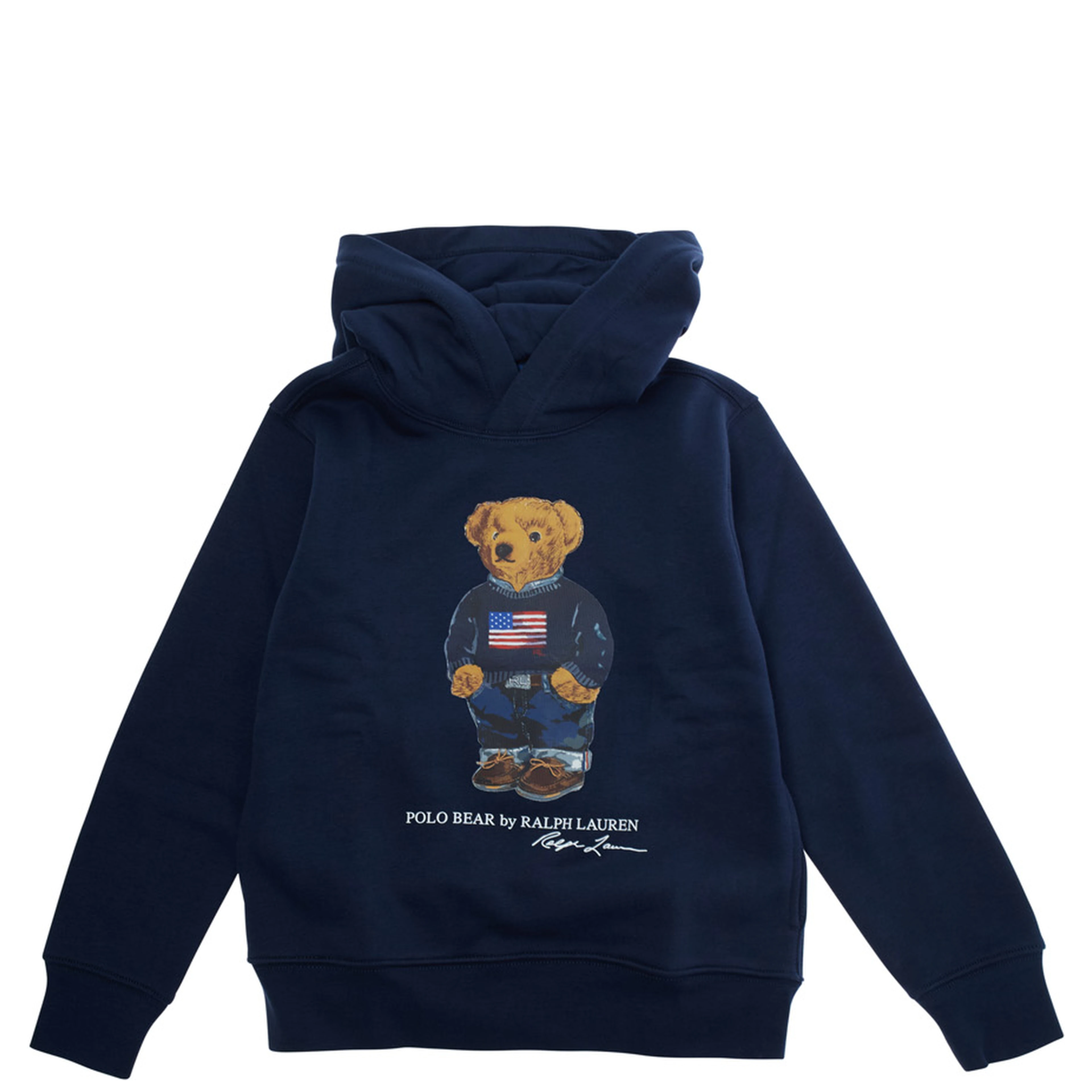 Blue Hoodie with Fixed Hood and Polo Bear Print on the Front in Cotton Blend Boy