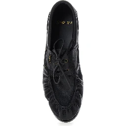 Le Loafer Bateau Black Boat Shoes with Hand-Stitched Moc Toe and Cassandre Plate in Grained Leather Men