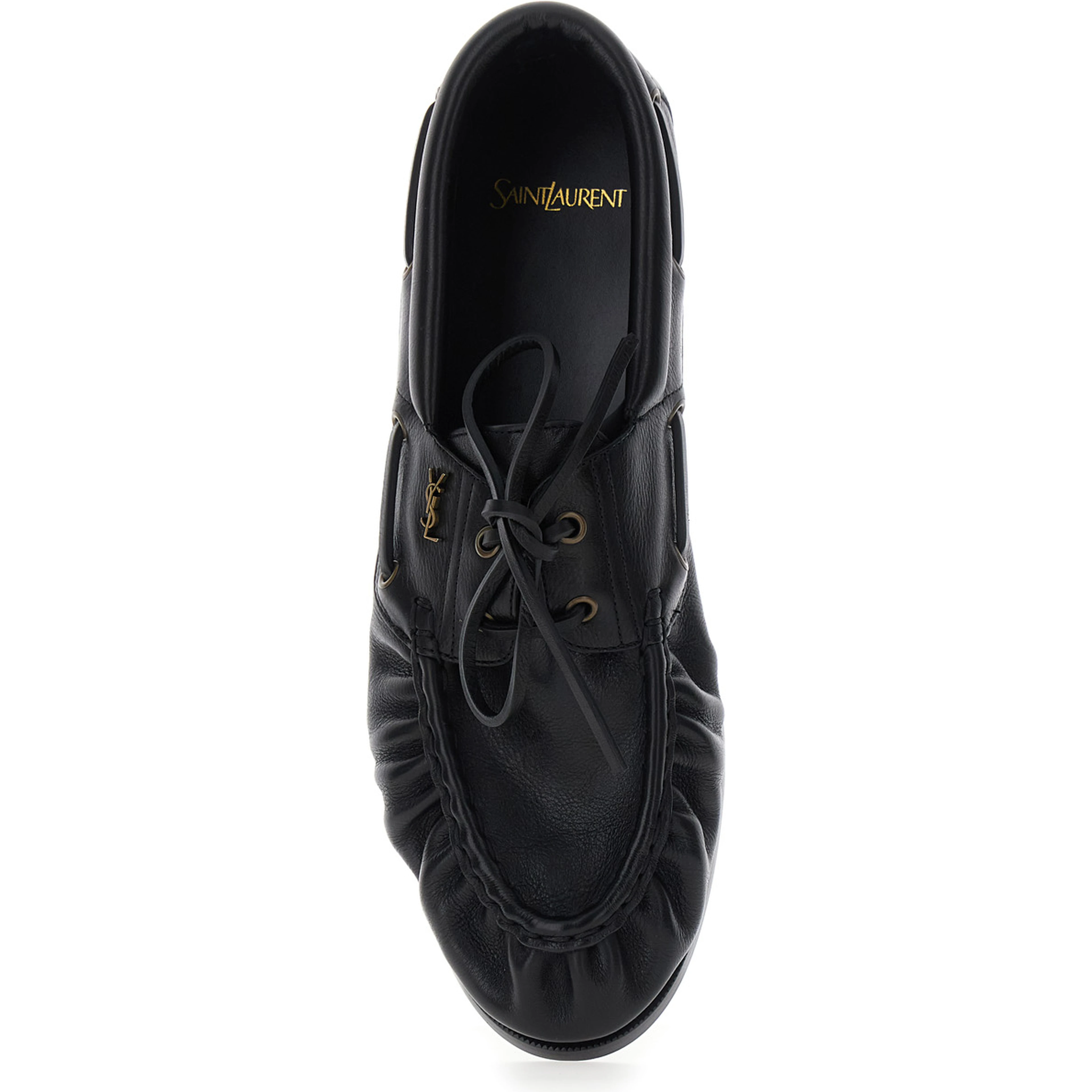 Le Loafer Bateau Black Boat Shoes with Hand-Stitched Moc Toe and Cassandre Plate in Grained Leather Men