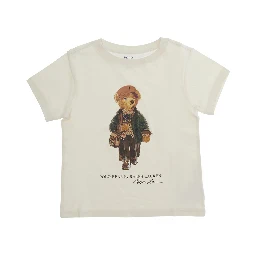 Beige T-shirt with Polo Shirt Bear print on the front in cotton for Boy