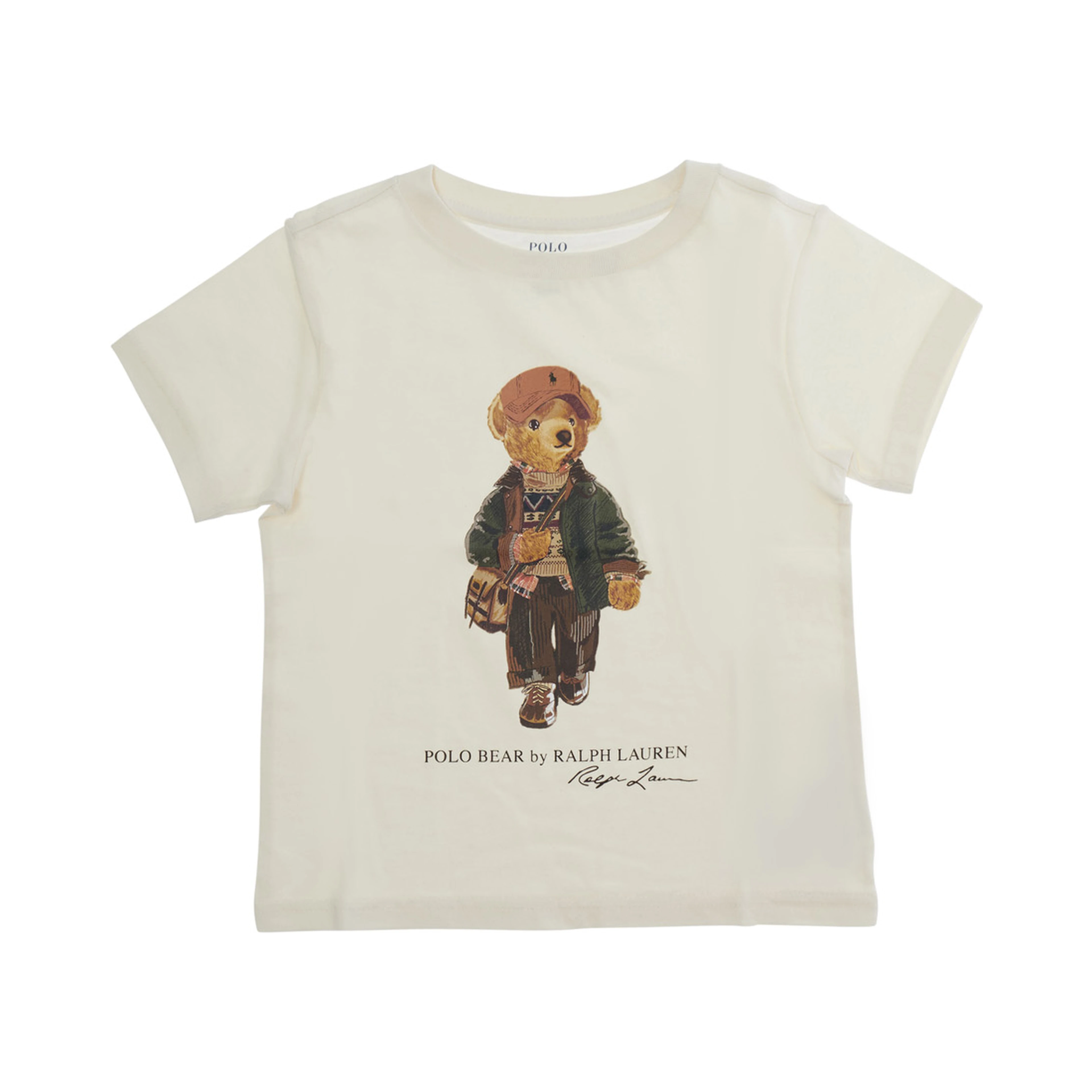 Beige T-shirt with Polo Shirt Bear print on the front in cotton for Boy