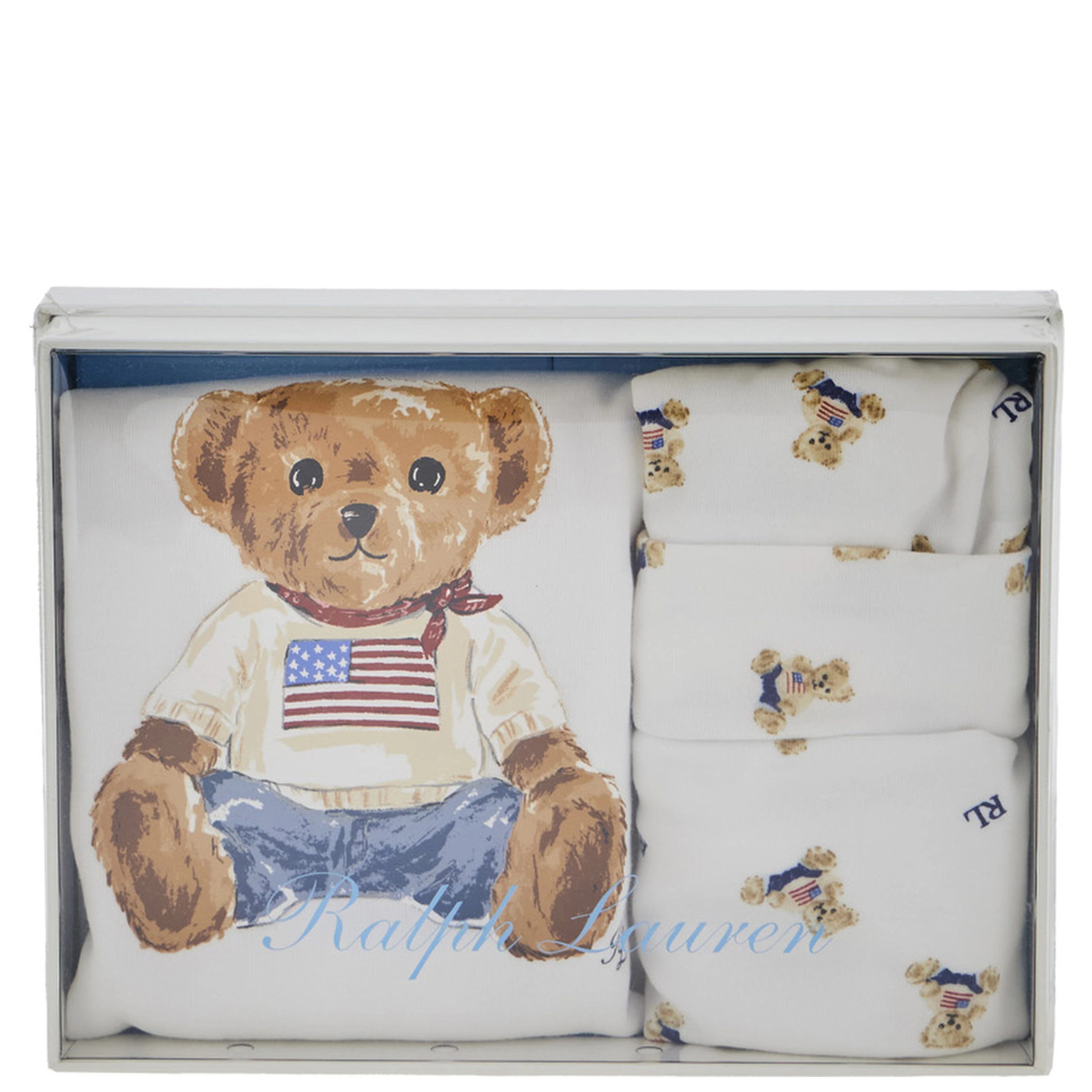 Baby Romper Set with Matching Hat and Bib with Bear All-Over Print in White Cotton