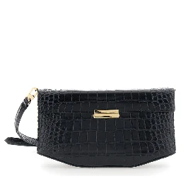 Black Crossbody bag with adjustable and removable strap and crocodile-embossed effect in leather for women