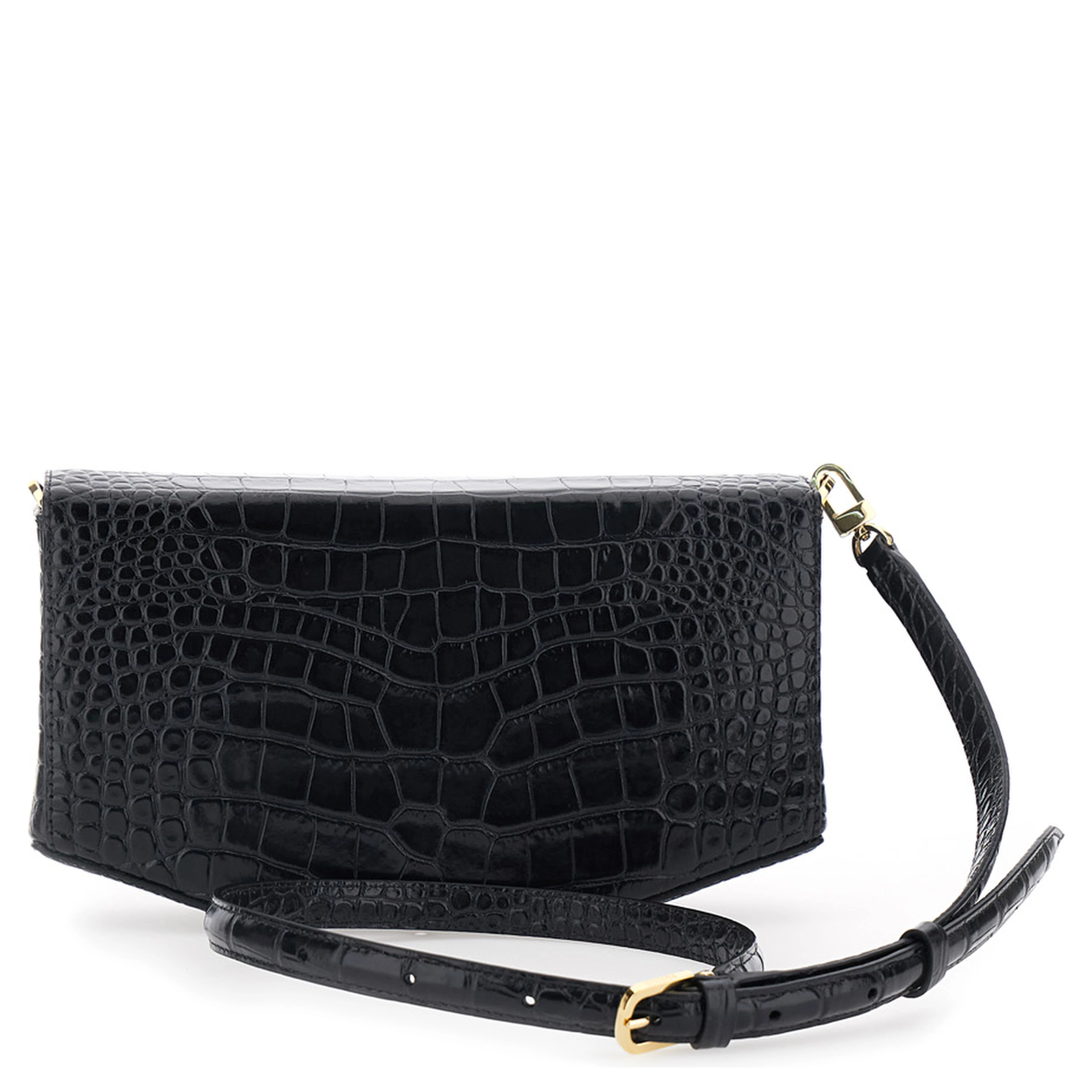 Black Crossbody bag with adjustable and removable strap and crocodile-embossed effect in leather for women
