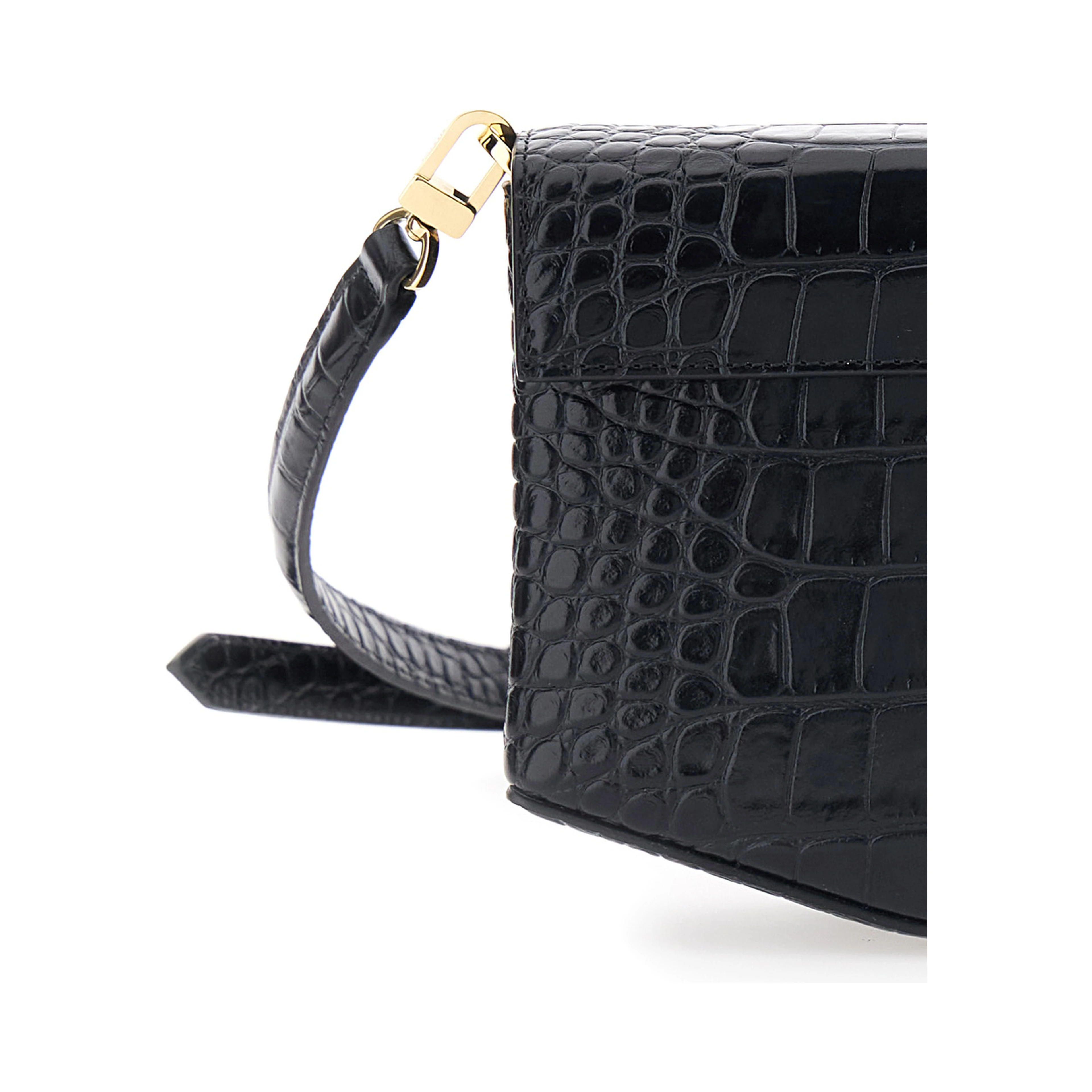 Black Crossbody bag with adjustable and removable strap and crocodile-embossed effect in leather for women