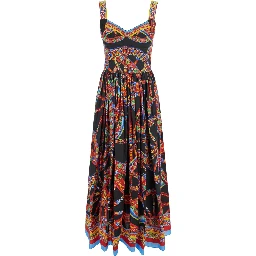 Multicolor Long Dress with Integrated Cup Bodice and All-Over Majolica Print in Cotton for Women