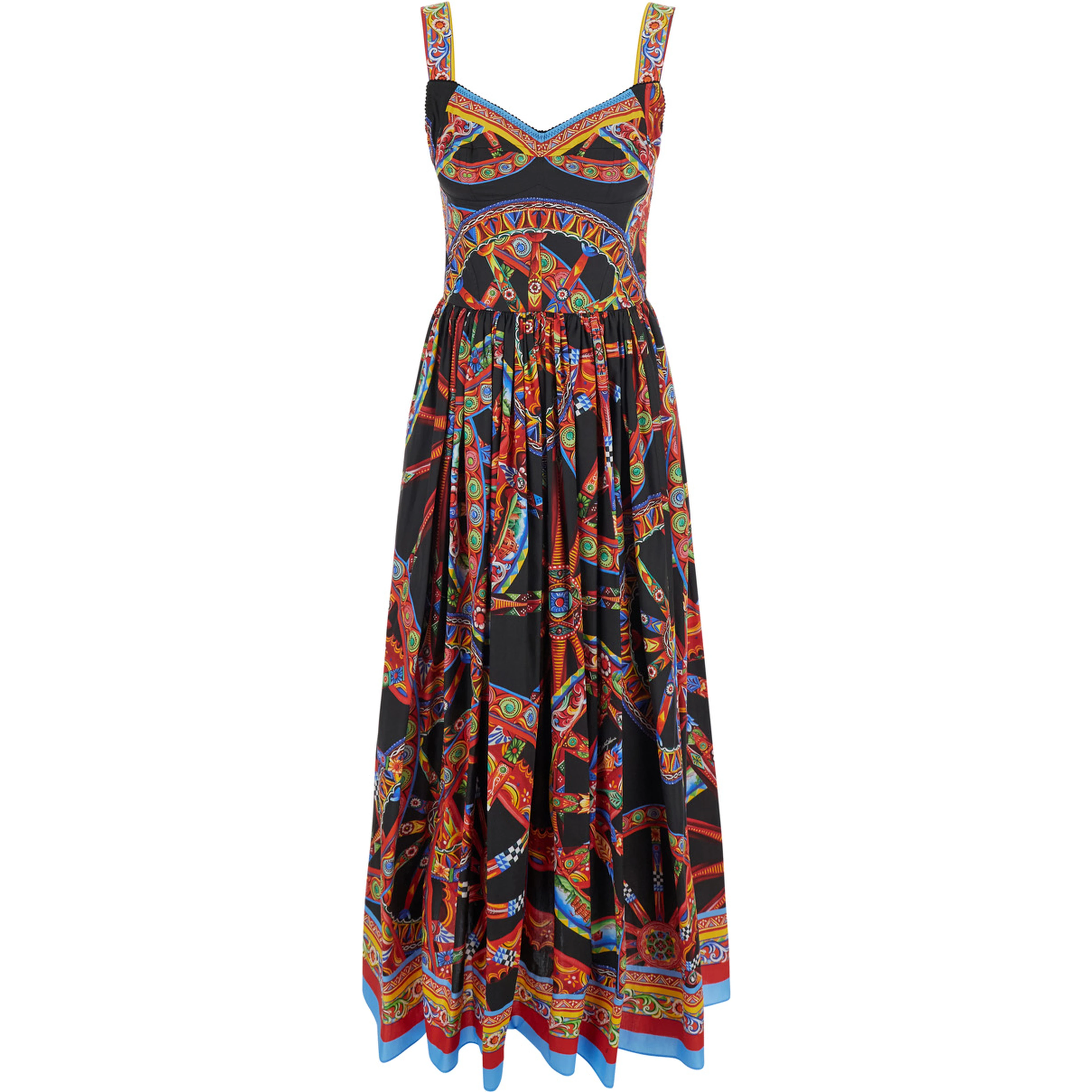 Multicolor Long Dress with Integrated Cup Bodice and All-Over Majolica Print in Cotton for Women