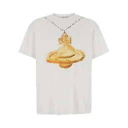 White T-shirt with round neck and print on the front in Cotton for men