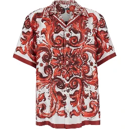 Multicolor Bowling Shirt with Cuban Collar and All-Over Maiolica Print in Silk for Men