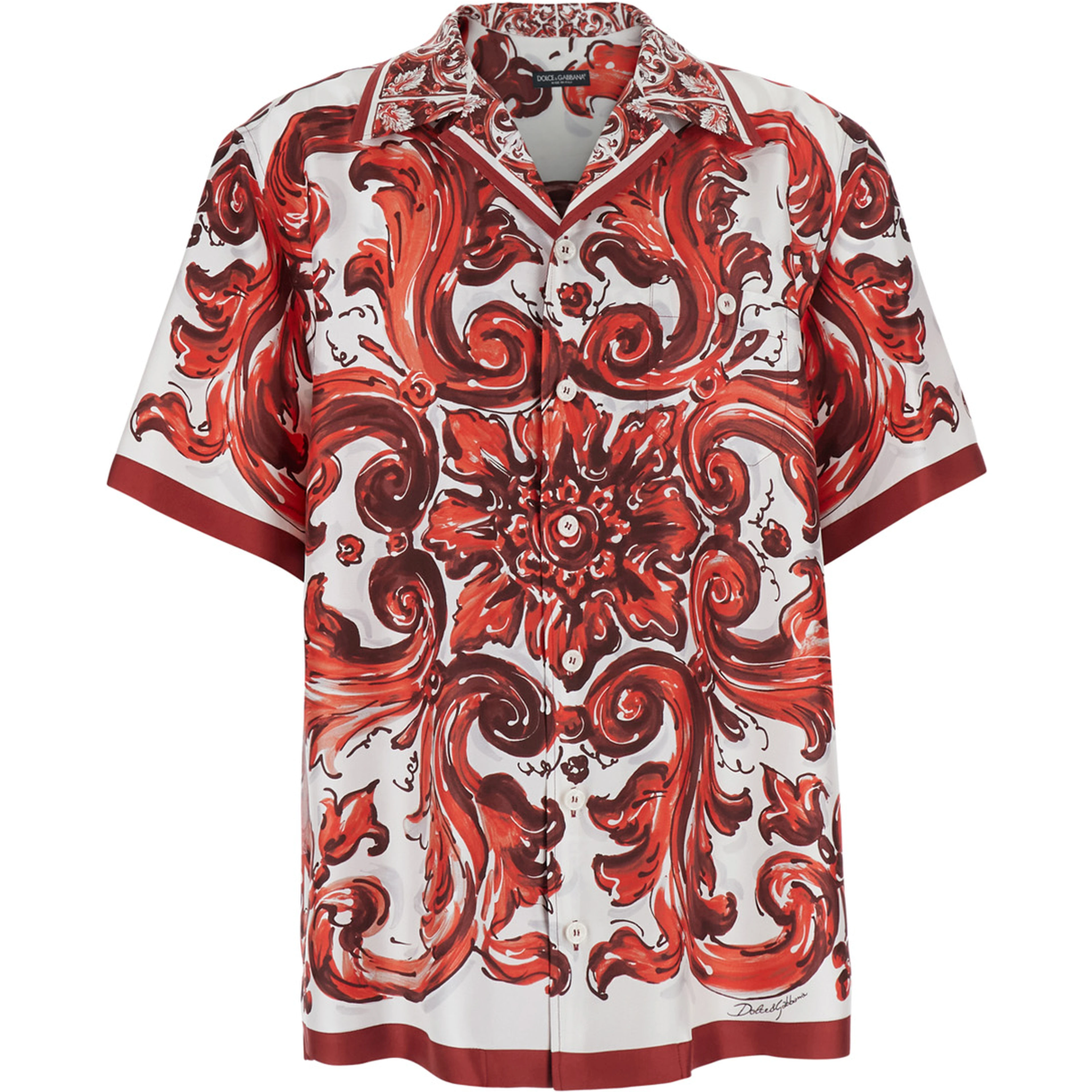 Multicolor Bowling Shirt with Cuban Collar and All-Over Maiolica Print in Silk for Men