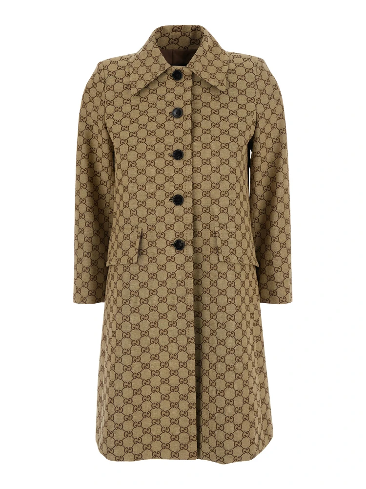Beige Coat with Pointed Collar in GG Canvas for Women