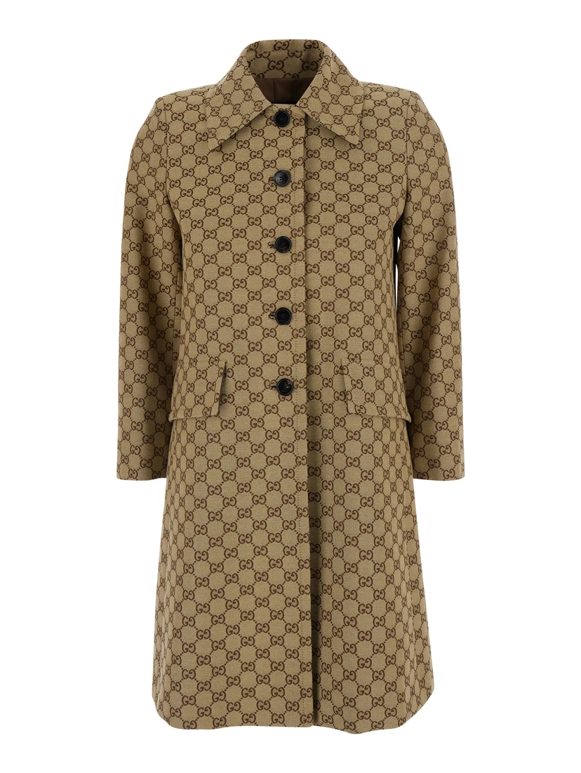Beige Coat with Pointed Collar in GG Canvas for Women