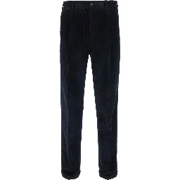 dark blue Chino pants with front pleats and logo patch on the back in velvet for men