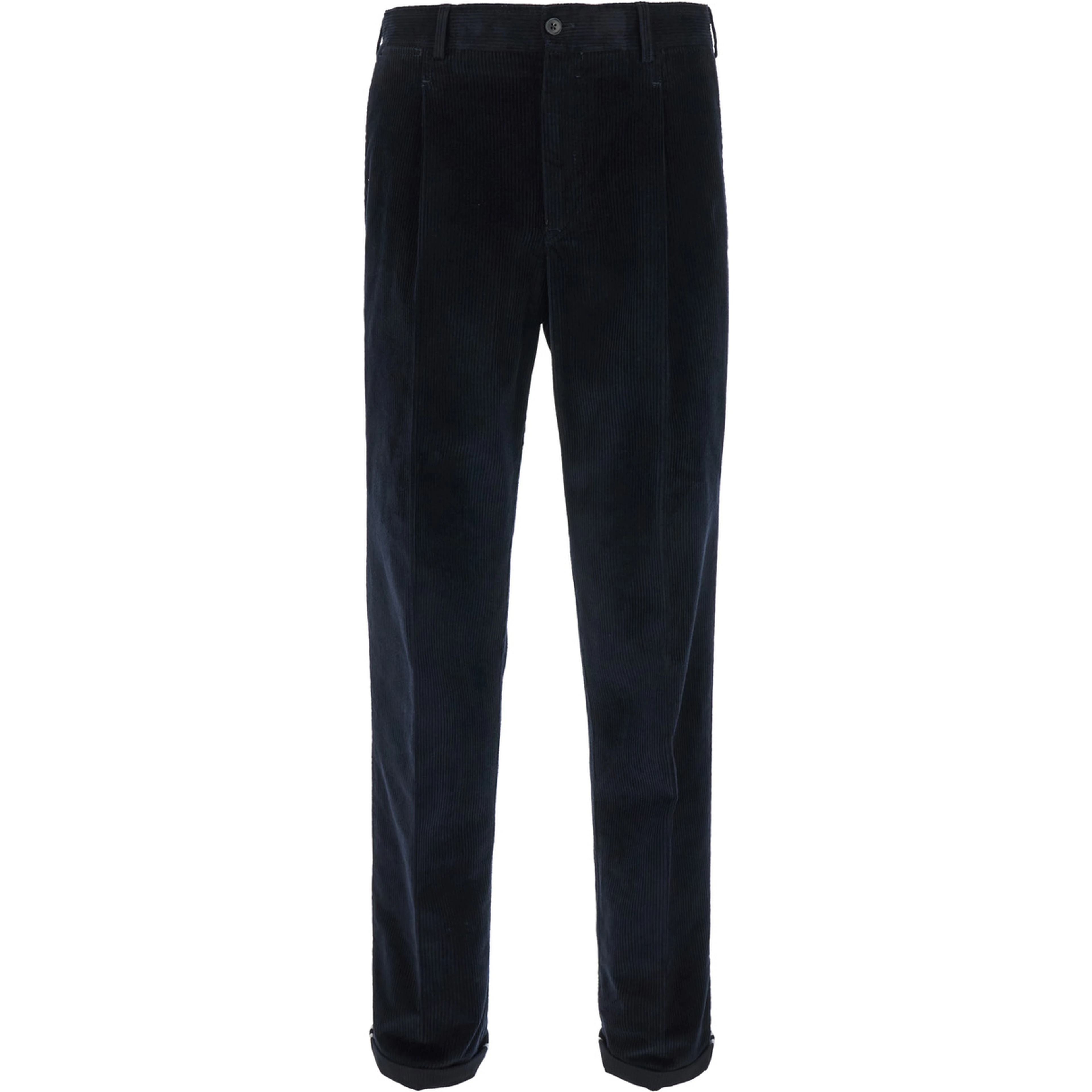 dark blue Chino pants with front pleats and logo patch on the back in velvet for men