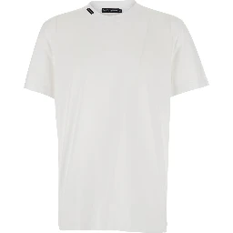 White Crew neck T-shirt with logo patch on the neck in cotton for men
