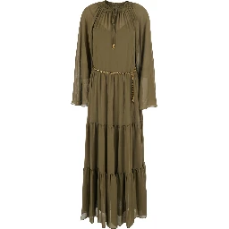 Green Long Dress with Long Sleeves and Ruches Details in Viscose for Women