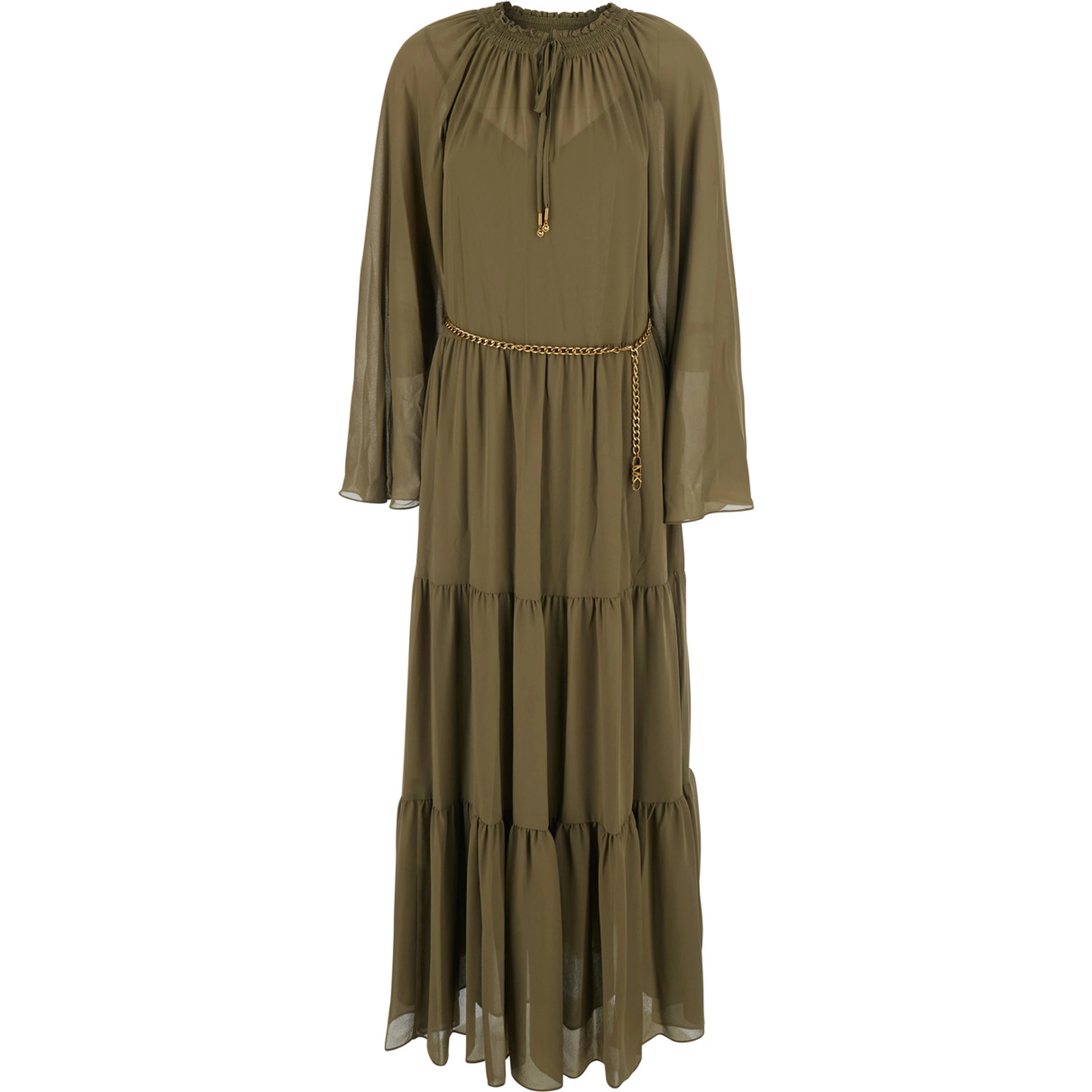 Green Long Dress with Long Sleeves and Ruches Details in Viscose for Women
