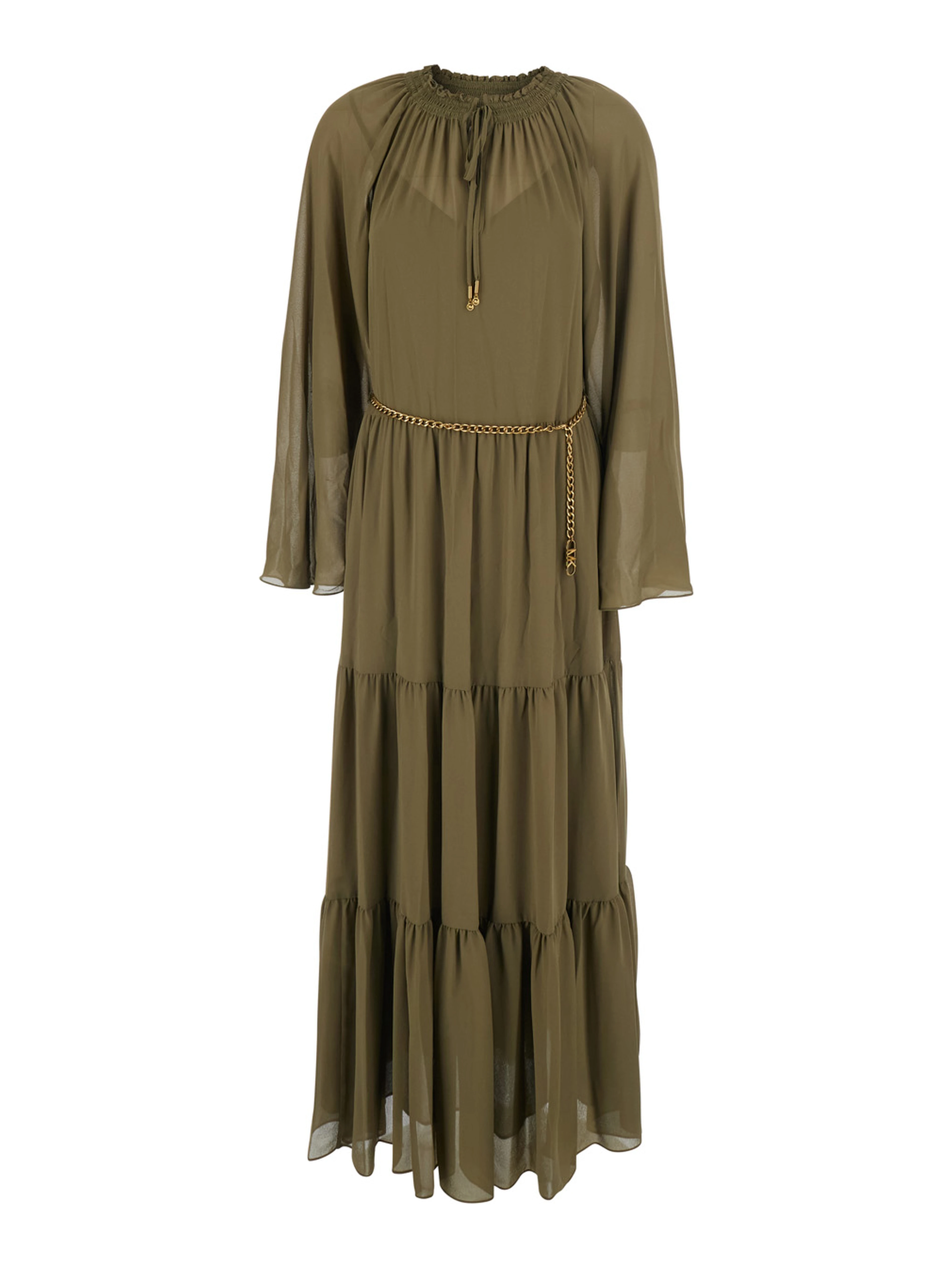 Green Long Dress with Long Sleeves and Ruches Details in Viscose for Women