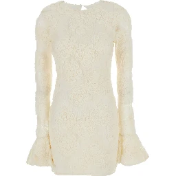 White Mini Dress with Long Flared Sleeves and All-Over Floral Embroidery in Tech Fabric for Women