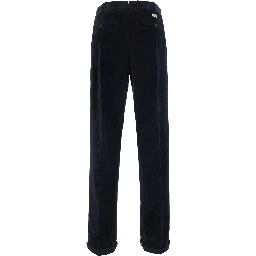 dark blue Chino pants with front pleats and logo patch on the back in velvet for men