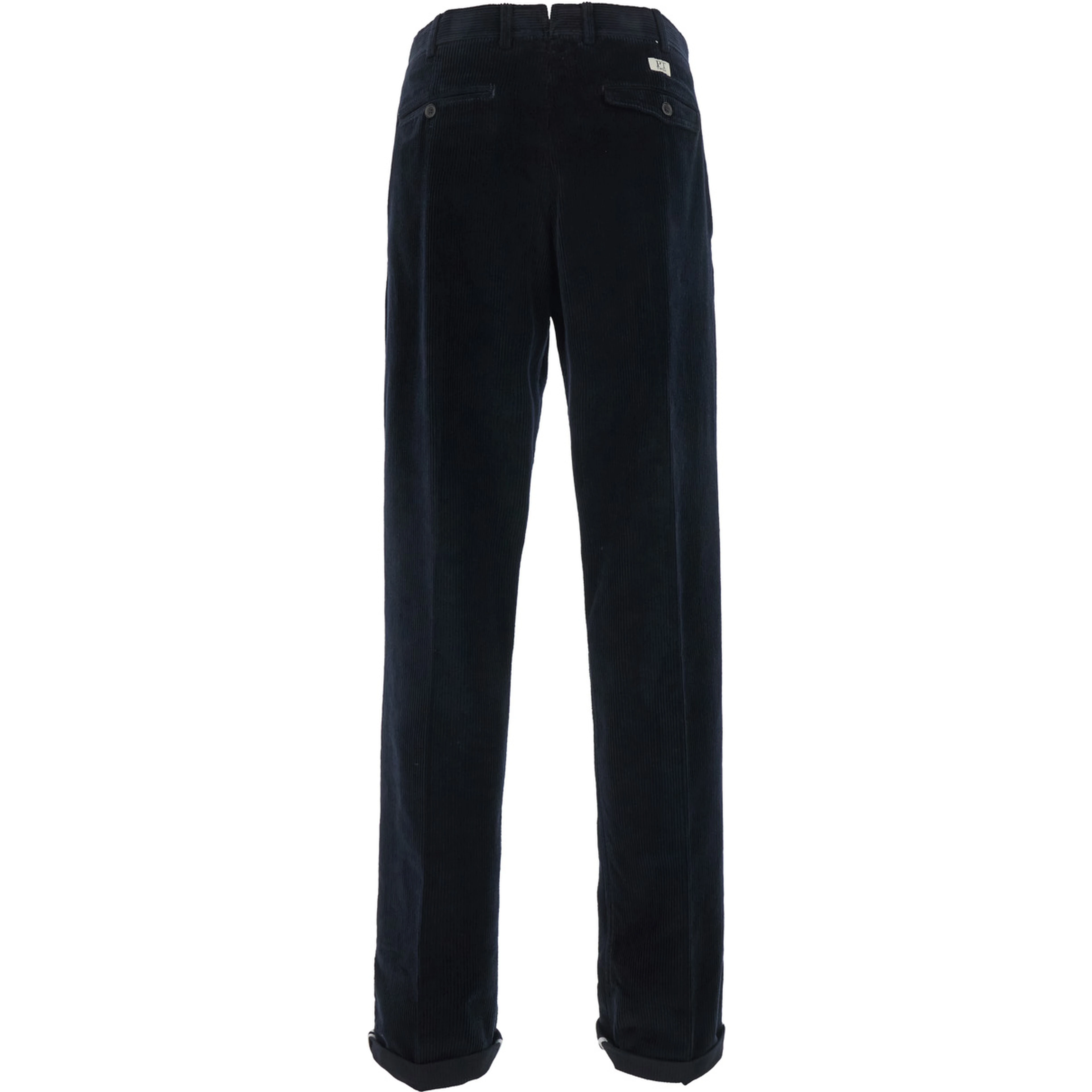 dark blue Chino pants with front pleats and logo patch on the back in velvet for men