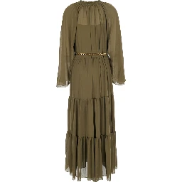 Green Long Dress with Long Sleeves and Ruches Details in Viscose for Women