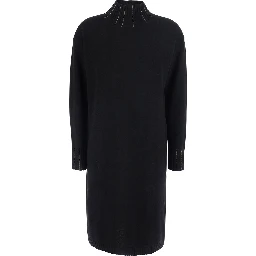 black Dress with high collar and rhinestone details in wool and silk Blend women