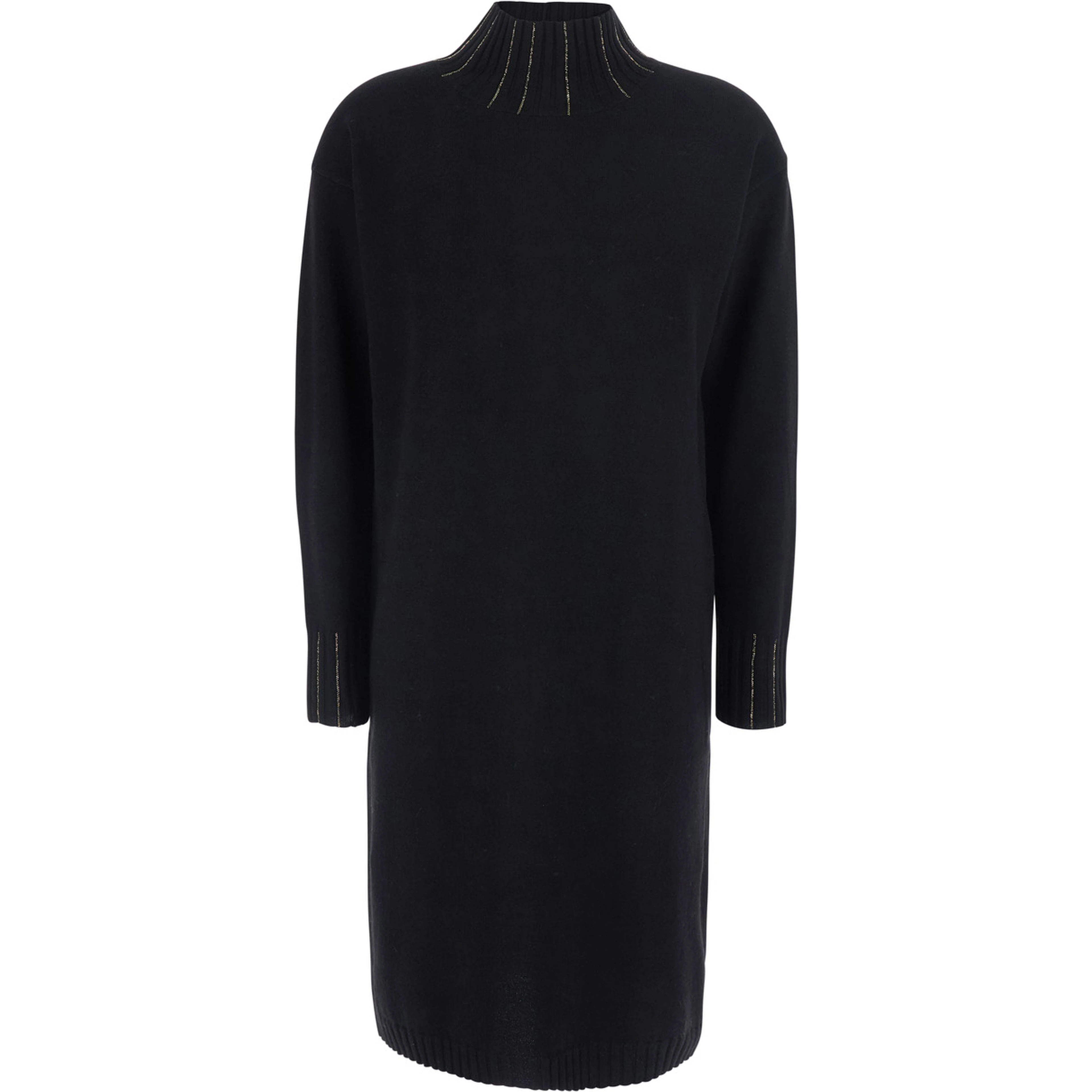 black Dress with high collar and rhinestone details in wool and silk Blend women